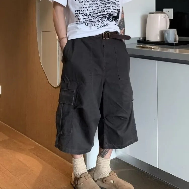 HEARUJOY  -  Cargo Cropped Pants Mens Summer New Multiple Pockets Casual Wide Leg Tooling Shorts Street Retro Paratrooper Overalls Thin