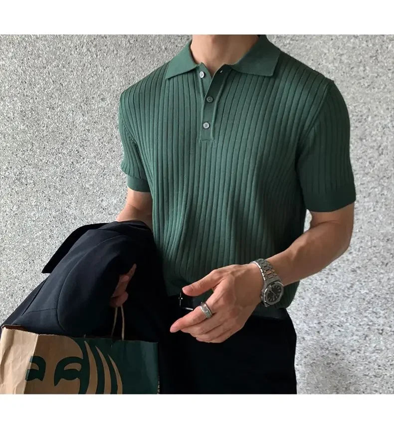 HEARUJOY  -  Lapel Polo Shirt Short-sleeved Men's Trendy Brand Loose Casual Summer Thin Solid Color Knitted Sweater T-shirt Base Shirt