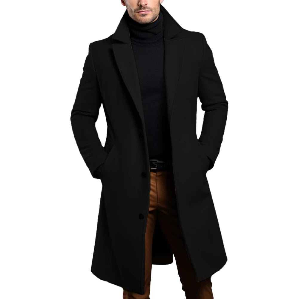 HEARUJOY  -  Long Black Trench Slim Jacket Mens Single Breasted Solid Vintage Full Sleeve Overcoats Tops Keep Warm