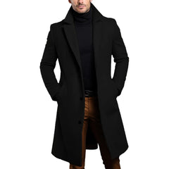 HEARUJOY  -  Long Black Trench Slim Jacket Mens Single Breasted Solid Vintage Full Sleeve Overcoats Tops Keep Warm