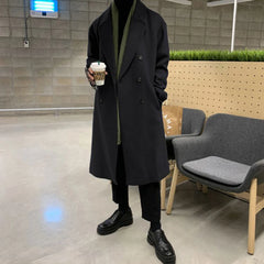 Hearujoy Mens Double-Breasted Mid-Length Coat Autumn Winter Genderless Korean Style Fashion Commuter Thickened Elegant Retro Coat Unisex