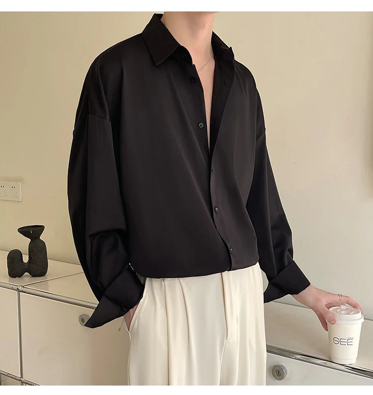 HEARUJOY  -  Long Sleeved Shirt Men Oversized Fashion Social Mens Dress Shirt Korean Loose Ice Silk White Shirt Mens Office Formal Shirts