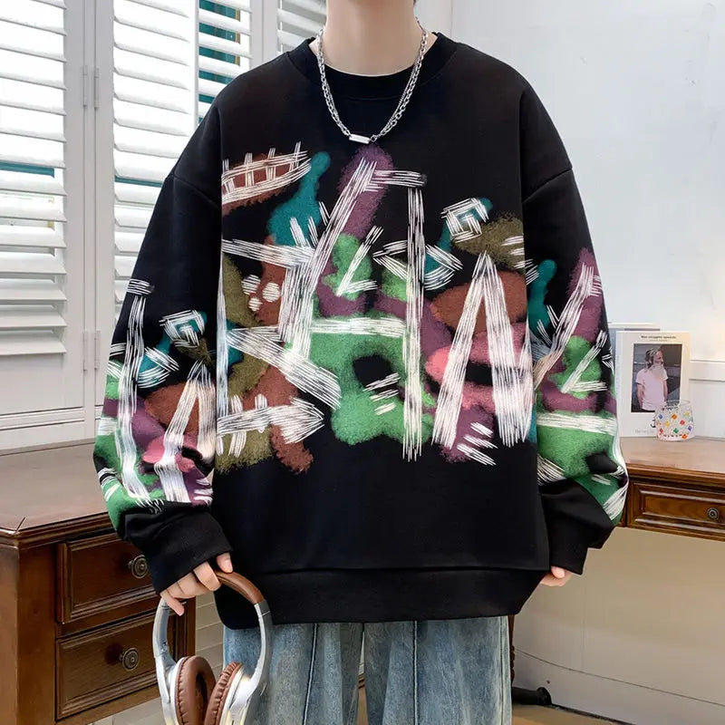 HEARUJOY  -  Men's Long Sleeve T-Shirt Graffiti Spring Autumn New Trendy Round Neck Youth Base Layer Top