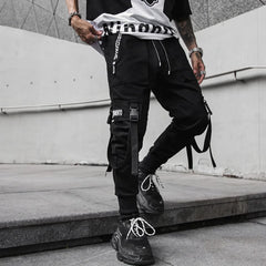 Hearujoy Harajuku Fashion Casual Cargo Pants Mens Joggers Trousers High Street Ribbon Black Sweatpants Male Streetwear Korean Harem Pants