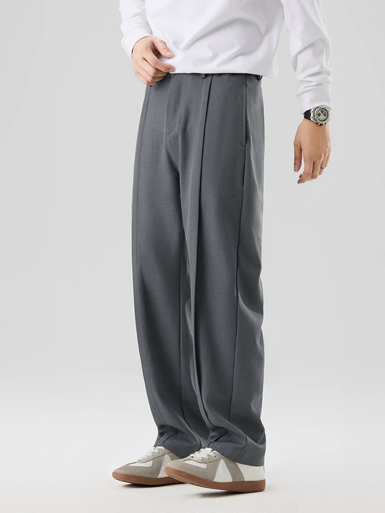 HEARUJOY  -  New Korean Men's Casual Pants Banded Waist Stretch Semi-Wide Pleated Suit Slacks Straight Loose Draped Trousers