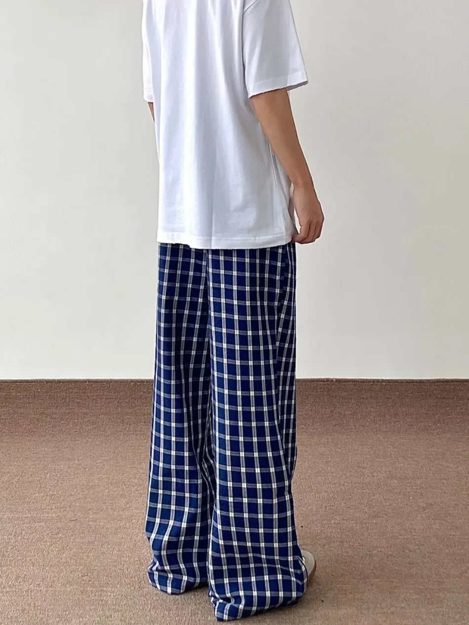 HEARUJOY  -  Blue Checkered Straight Leg Pants Mens Retro Trendy Loose Couple Casual Trousers Multiple Buckles College Pantalones Hombre