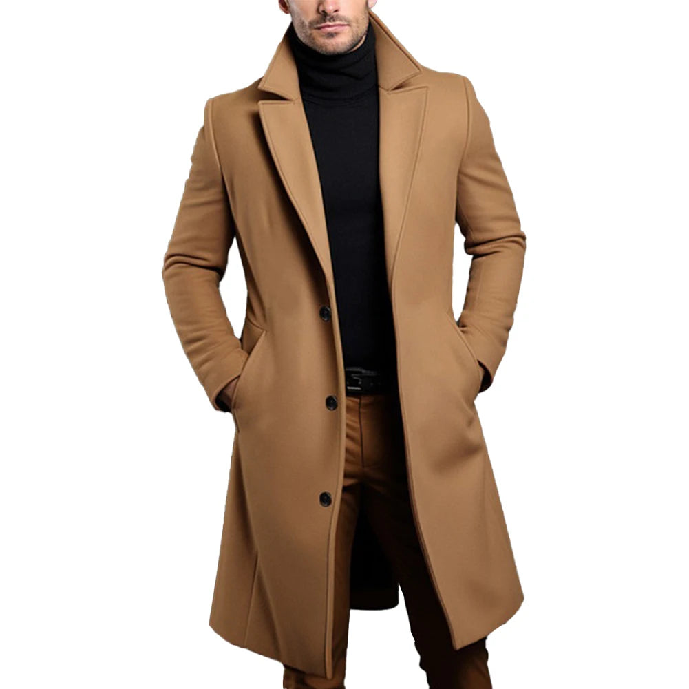 HEARUJOY  -  Long Black Trench Slim Jacket Mens Single Breasted Solid Vintage Full Sleeve Overcoats Tops Keep Warm