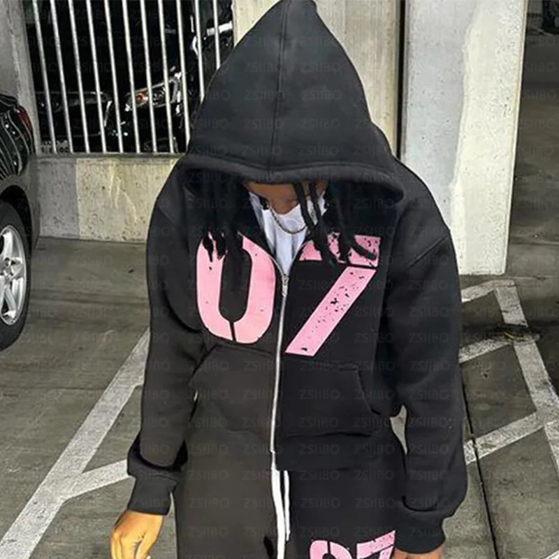 Hearujoy Gothic Retro Oversized Hoodie Number 07 Printing Y2k Hooded Cardigan Sweatshirts European and American Fashion Long Sleeve