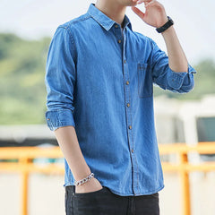 HEARUJOY  -  Fashion Korean Style Denim Shirt For Men 100% Cotton Long Sleeve Slim Fit Tops Spring Autumn Casual Denim shirts Plus Size 4XL