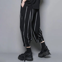 Hearujoy Men Casual Pants Striped Drawstring Streetwear Joggers Pockets Harem Trousers Loose Fashion Cropped Pants Man Clothes Pantalones