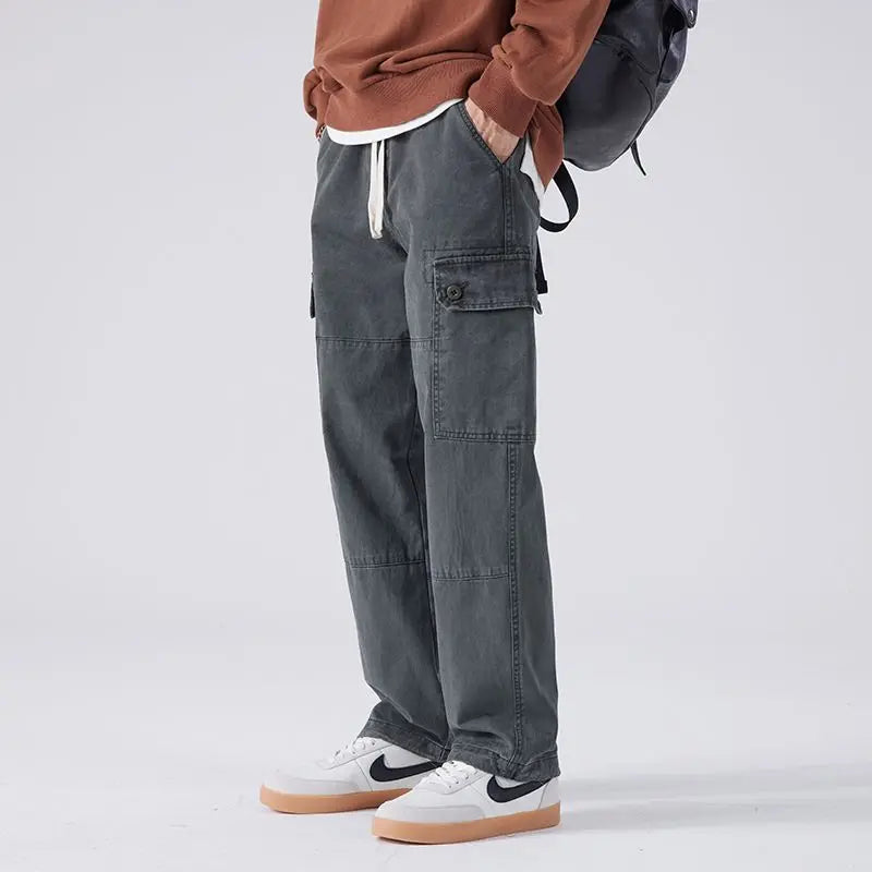 HEARUJOY  -  Streetwear Fashion Men Full Cargo Pants Spring Autumn Harajuku Vintage Oversize Solid Casual Male Loose Wide Leg Denim Trousers