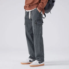 HEARUJOY  -  Streetwear Fashion Men Full Cargo Pants Spring Autumn Harajuku Vintage Oversize Solid Casual Male Loose Wide Leg Denim Trousers