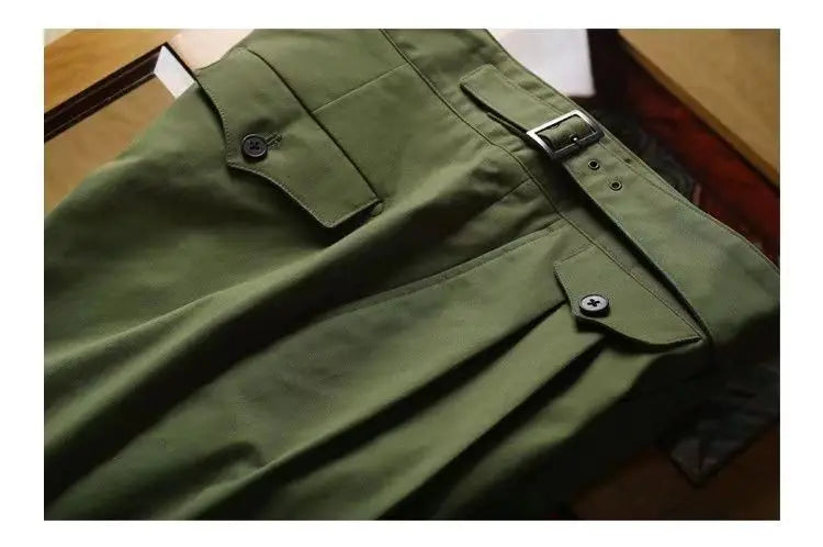 HEARUJOY  -  Vintage Green Gurkha Pants For Men Adjustable Waist Buckle Cotton Naples Trousers Fashion Casual Loose Ankle-Length Cargo Pants