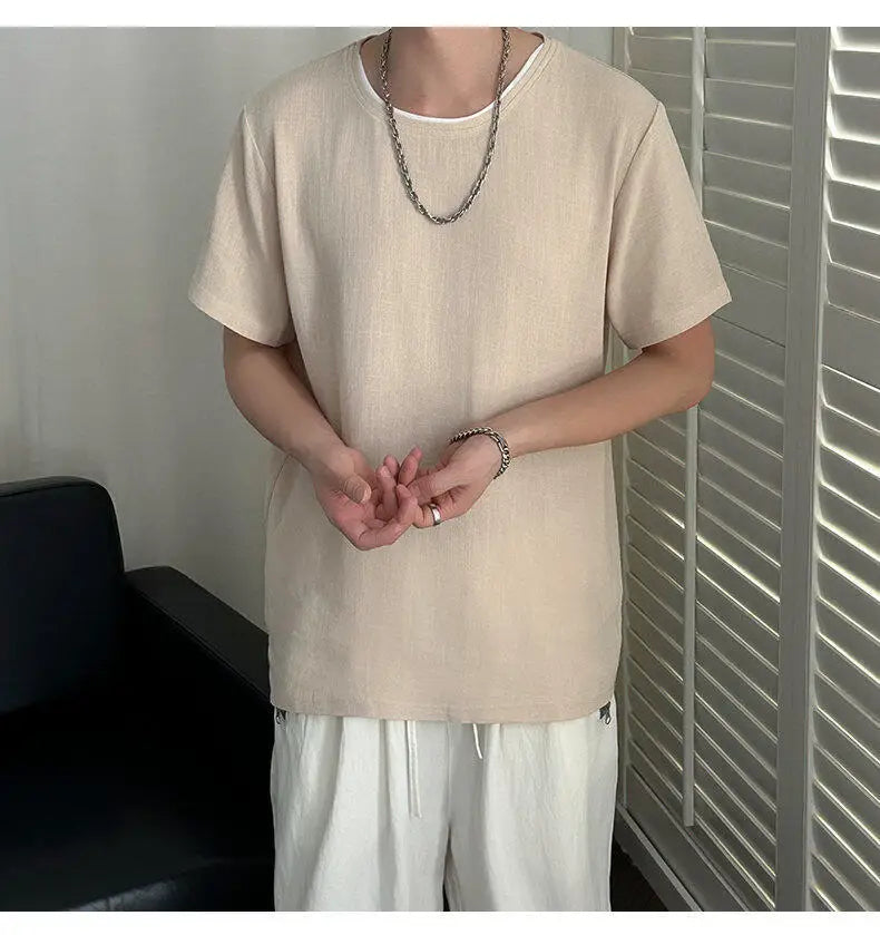 HEARUJOY  -  Korean Style Men's T-shirts Round Collar Short Sleeved Solid Color Mensweae New Summer Pullover Loose Male Tees
