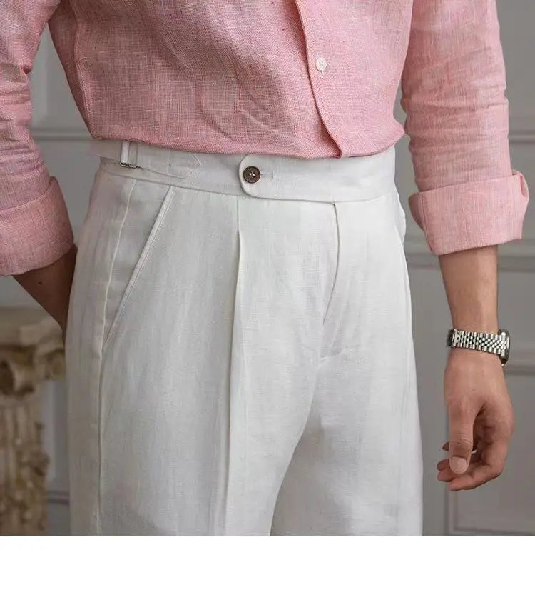 HEARUJOY  -  100% Linen Italian Naples Pants Men High Waist Straight  Suit Trousers Spring Summer Fashion Lightweight Breathable Casual Pants