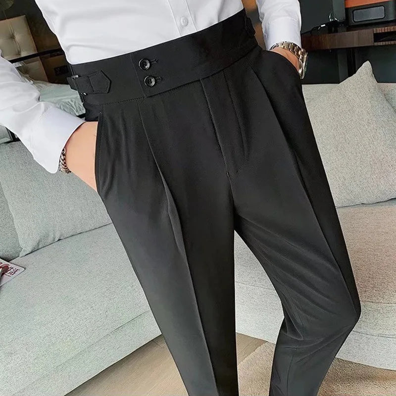HEARUJOY  -  Men Korean Cropped Pants Fashion Casual Naples Trousers Slim Fit Pencil Suit Pants High Waist Button Business Straight Trousers