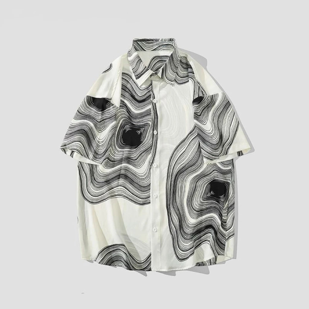 Hearujoy New Korean Fashion Design Irregular Shirt Men Texture Pattern Loose Short Sleeve Summer Silky Drape Non-ironing Lapel Shirt