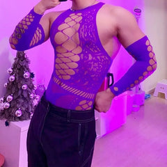 Hearujoy Mens Sexy See-Through Jumpsuit That Covers Hips High Elastic Suspenders Large Mesh Butterfly Hollow Tight Lace Jumpsuit For Men