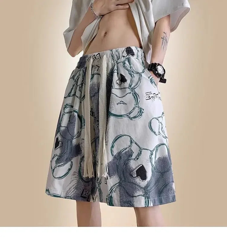 HEARUJOY  -  Men's New Spliced print Five-point Loose Drawstring Design Bear Print Shorts