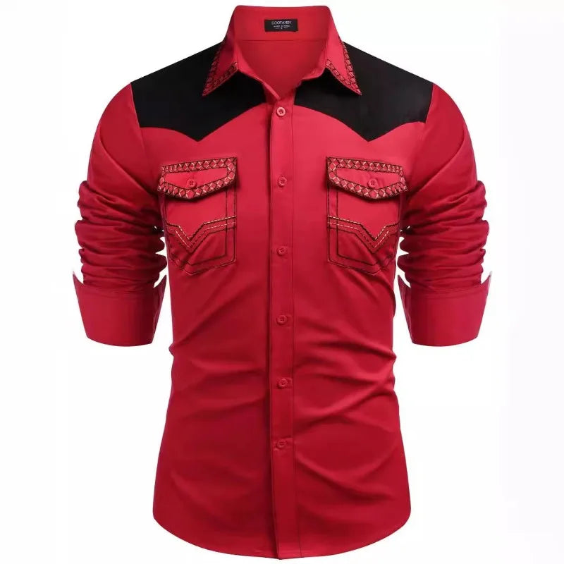 HEARUJOY  -  Men's Western Shirt, Long-sleeved Denim Shirt, Men's Casual Buttoned Color-blocked Shirt Top