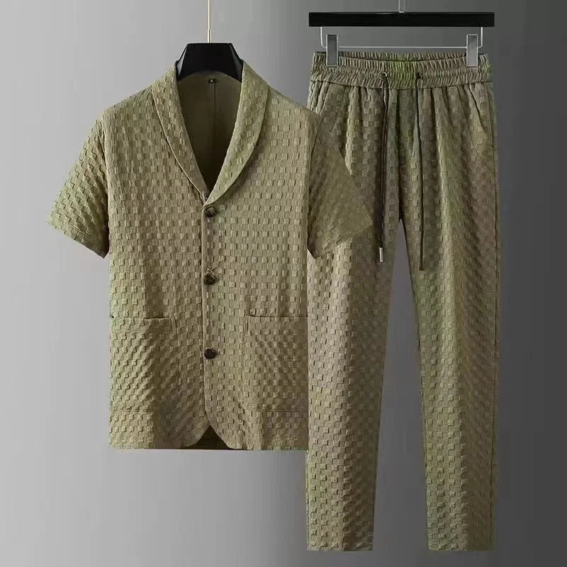 HEARUJOY  -  2Pcs Set Summer Men Casual Sports Suit Fashion Geometry Pattern Man Short Sleeve Blazer Shirt Top+Pants Business High End Outfit