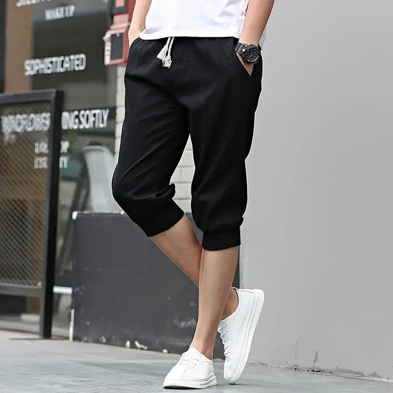 HEARUJOY  -  Summer New Sports Trend Versatile Casual Shorts Men's Solid Elastic Waist Drawstring Pockets Cotton Calf Length Cropped Pants