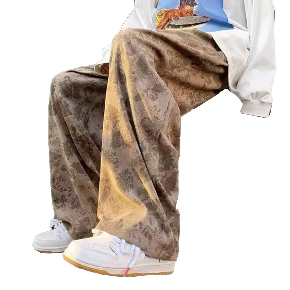 HEARUJOY  -  Men Loose Vintage Casual Jogging Pants Printing Korean Style High Street Trouser Wide Leg Streetwear