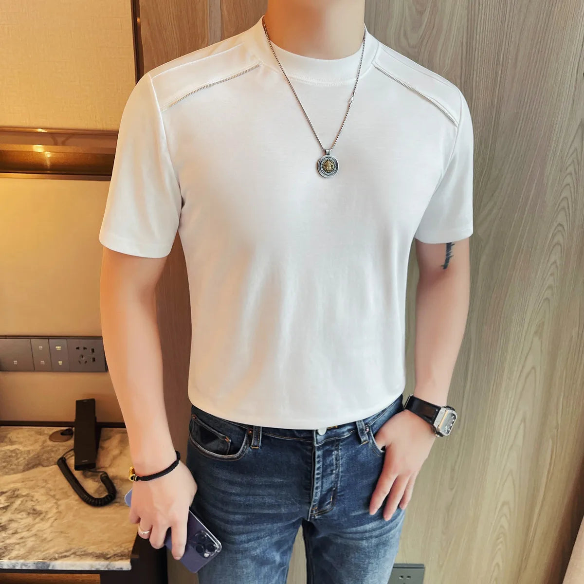 HEARUJOY  -  Men's Summer 65% Cotton Zipper-Shoulder Tee | Slim Fit Round Neck Short Sleeve Shirt in Black/White
