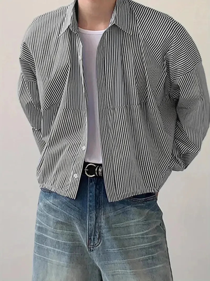 HEARUJOY  -  New Japanese Trendy Men Shirts Light Luxury Textured Lapel Striped Long Sleeve Cardigan Tops Leisure Premium Loose Blouse M-2XL
