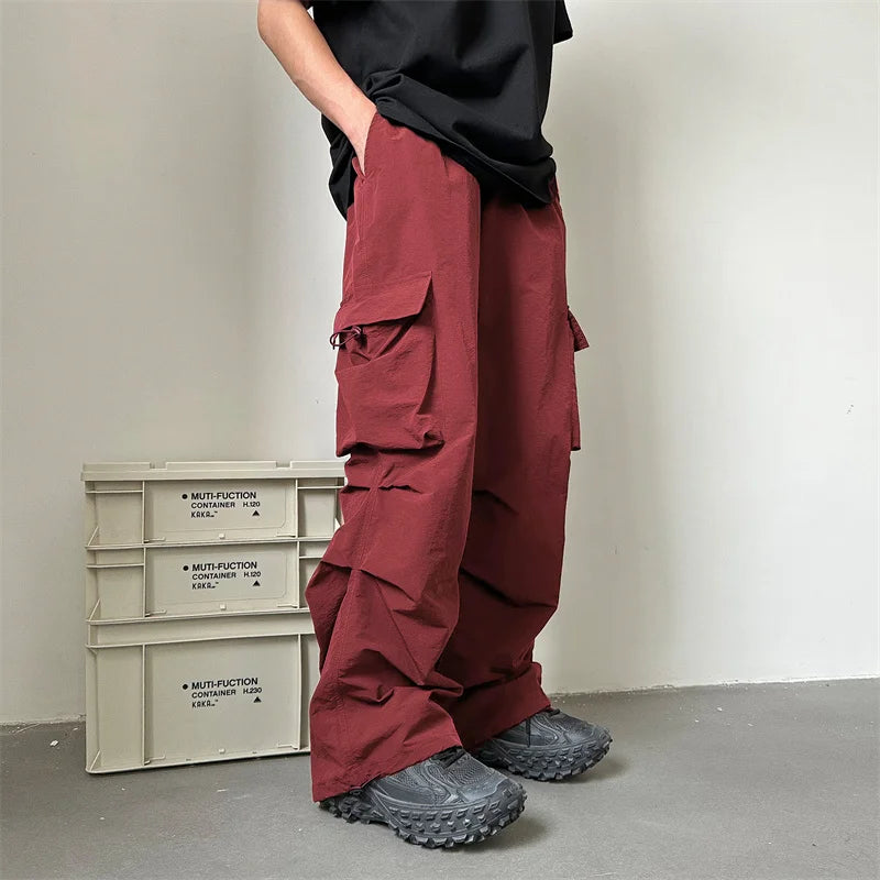 Hearujoy Summer Thin Cargo Pants Men Fashion Retro Pocket Casual Pants Men Japanese Streetwear Hip-hop Loose Straight Pants Mens Trousers