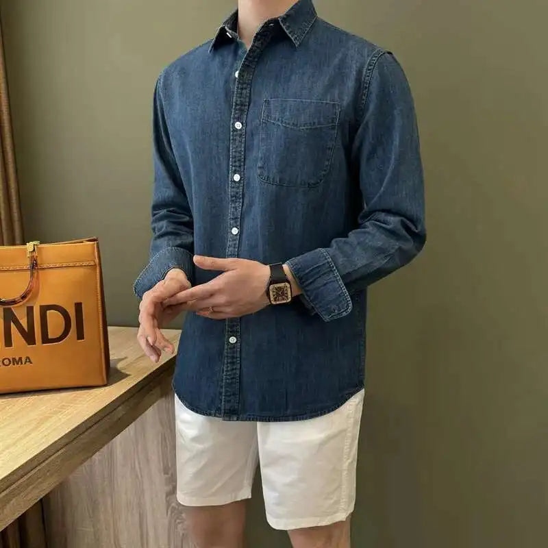 HEARUJOY  -  Lapel Collar Cotton Blend Denim Shirt Long Sleeve Shirt Retro Shirt British Versatile Casual Shirt Man Camisa Social Masculina