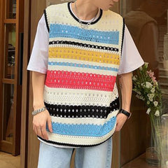 Hearujoy Fashion Knitted Vest Y2k Streetwear Trend Hollow Sleeveless Top Men's Striped Contrast Color Loose Tank Tops Genderless Clothing