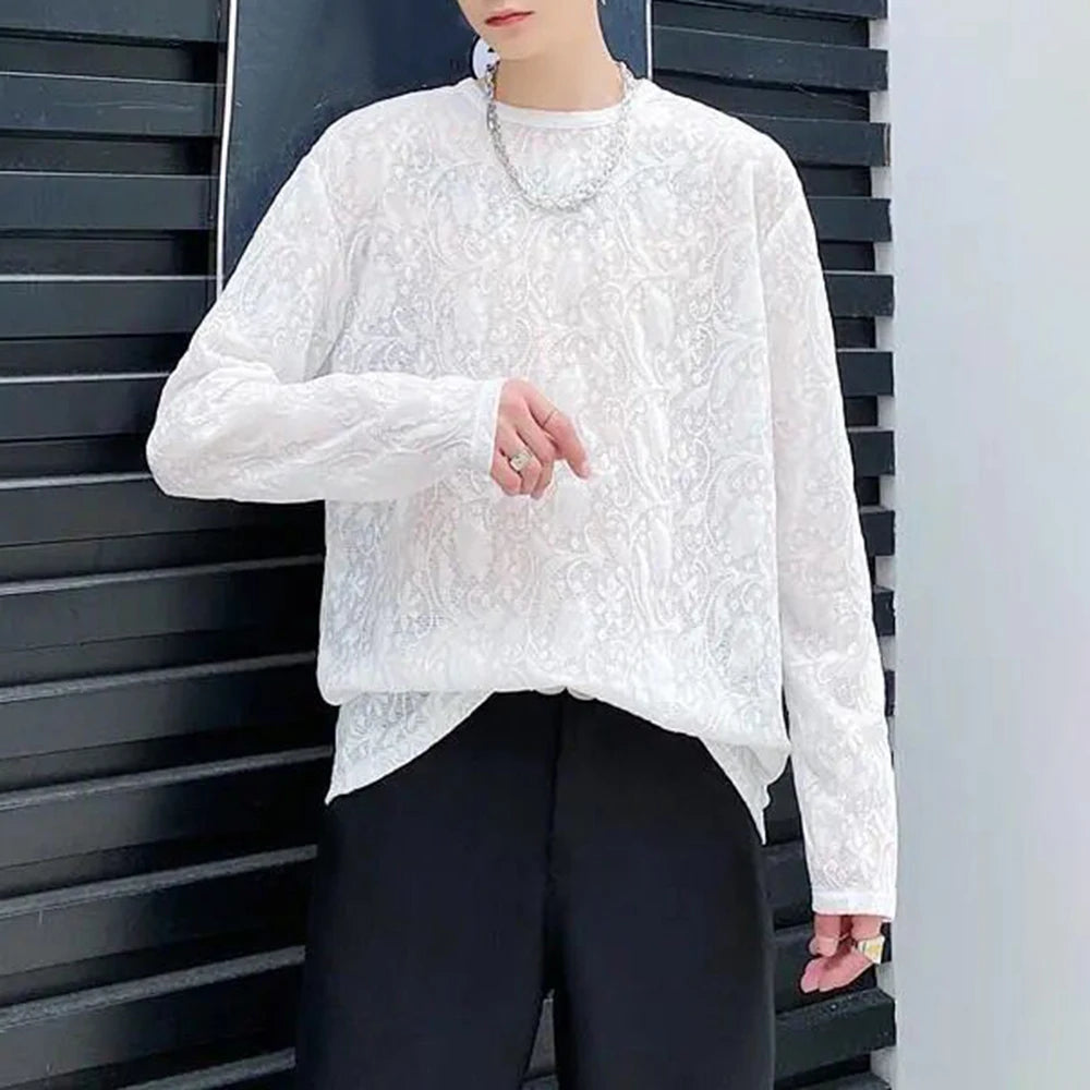 Hearujoy Mens Sexy See-Through Lace Floral Long-Sleeved Top 2024 New Genderless Fashion Temperament French Retro Inner T-Shirt Unisex