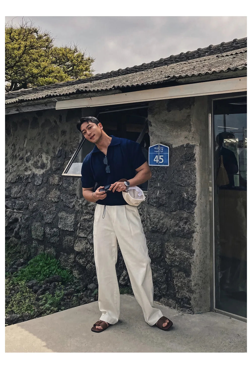 HEARUJOY  -  Men's Clothing Luxury Korean Popular Hollow Out Polo Shirt Leisure V Neck Short Sleeve Solid Color Retro Streetwear Knitwear