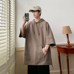 Hearujoy Solid Color Hooded T shirt Men Summer Korean Short Sleeve Pullover Loose Casual T-shirt Streetwear Drawstring Tops Men Clothing