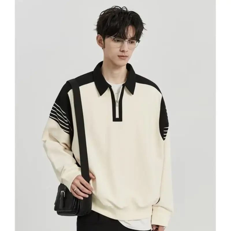 Hearujoy Newly Designed Spliced Sweater for Men with Loose Collar and Zipper Men's Premium Polo Top for Men