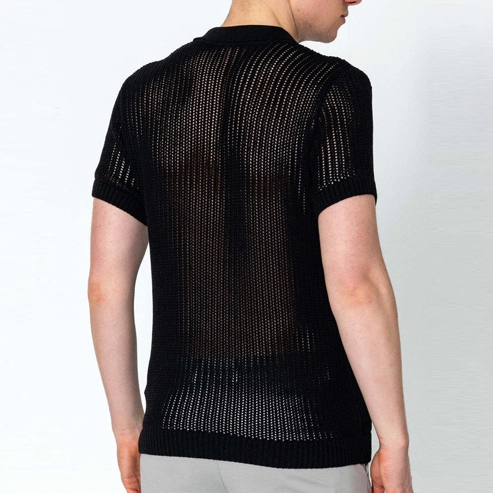 HEARUJOY  -  Shirt Tops V-lapel Tops Fashion Fashion Streetwear Ribbed Knitted Sexy See Throughm Hollow Out Short Sleeve Shirt