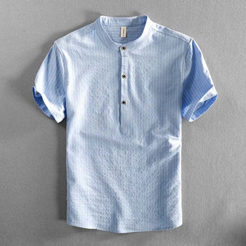 HEARUJOY  -  Men's Casual Cotton Shirt Short Sleeve Blouse Tops Summer Botton Pinstripe Holiday Shirt Comfortable Handsome Men Henley Shirt
