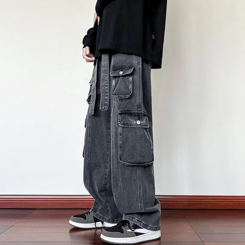 Hearujoy 2024 New Men Cargo Jeans Wide Leg Pants Multiple Pockets Baggy Denim Trousers Hip Hop Streetwear Skateboard Neutral Male Clothes