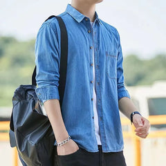HEARUJOY  -  Fashion Korean Style Denim Shirt For Men 100% Cotton Long Sleeve Slim Fit Tops Spring Autumn Casual Denim shirts Plus Size 4XL