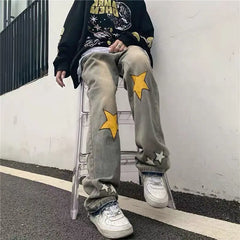 Hearujoy Y2K Mens Retro Streetwear Hip Hop Stars Straight Fairy Grunge Jeans for Men Denim Pants Wide Leg Oversized Alt Trousers Clothes