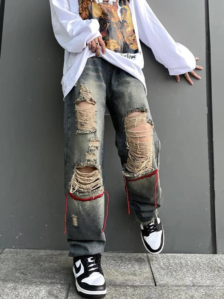 Hearujoy Ripped Jeans Pants for Men Punk Denim Trousers Male Straight Leg Jeans Hip Hop Harajuku Korean Streetwear Hippie Hole