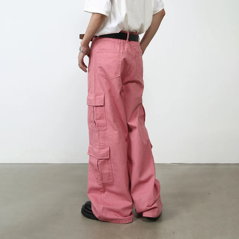 Hearujoy Pink Cargo Jeans Pants Men Oversize Wide Leg Denim Trousers Male Loose Casual Japanese Streetwear Hip Hop Pocket