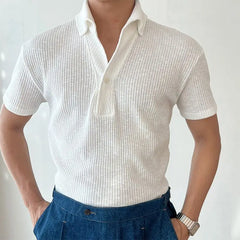 HEARUJOY  -  American Muscle Summer Fitness Suit Men's Elastic Breathable Sports Men's T-shirt Vertical Thread Slim Lapel Short Sleeves
