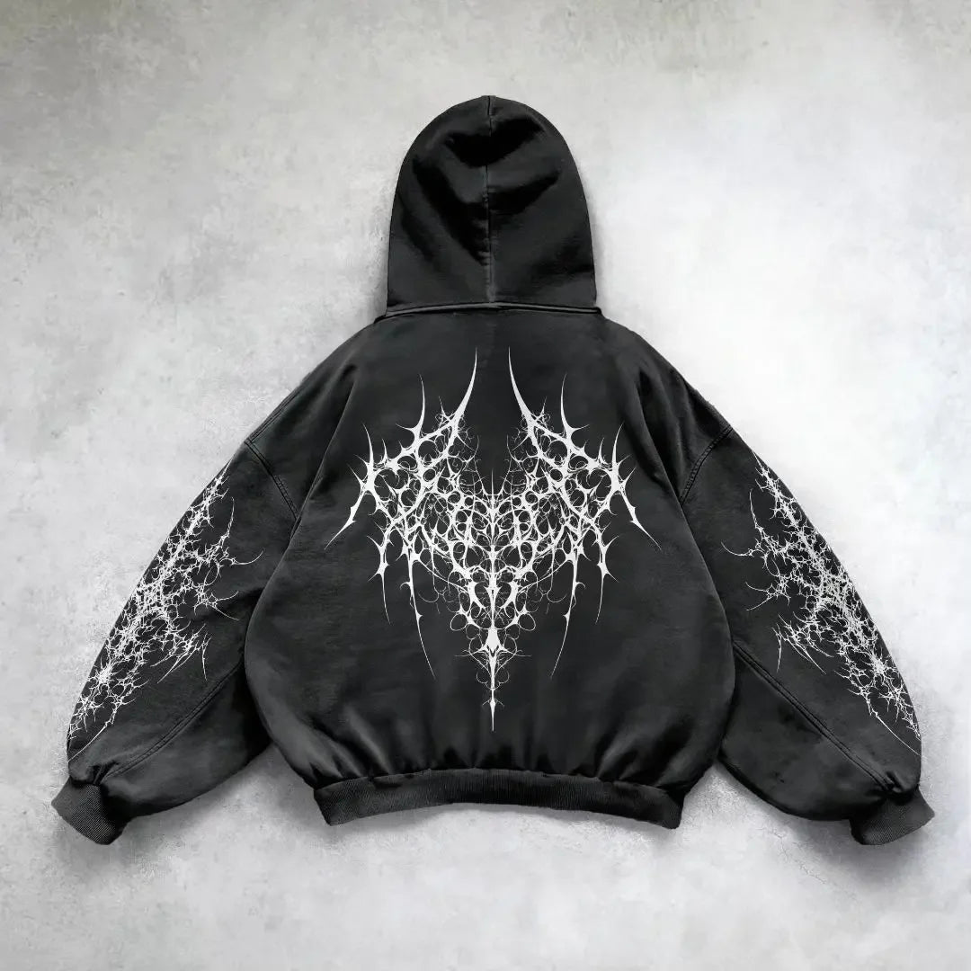 Hearujoy Gothic Retro Oversized Graphic Print Black Hoodies Loose Harajuku Long Sleeved Pullover Y2k Hoodie Men and Women Sweatshirt Tops