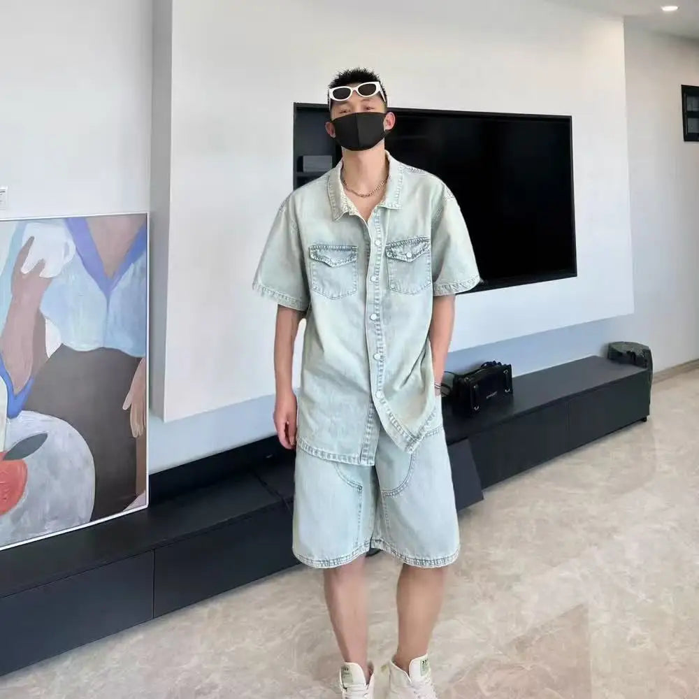 HEARUJOY  -  Casual Summer Short Sleeve Denim Shirts & Shorts Men's Sets Sreetwear Cotton Top Tee-Shirt Jean & Pant Two Piece Clothing