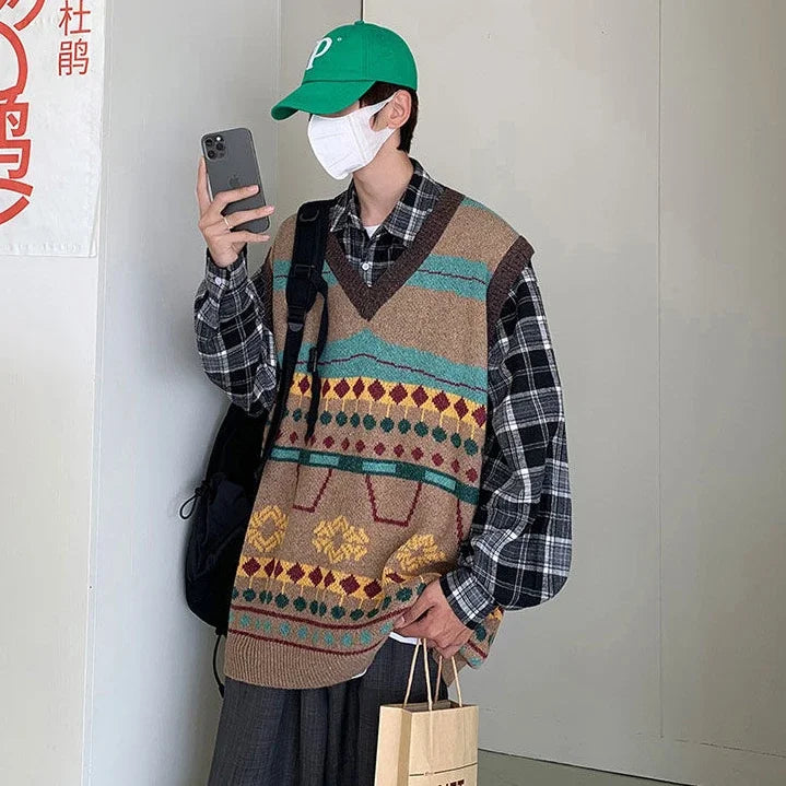 HEARUJOY  -  Sweater Man Casual Waistcoat V Neck Printed Knit Vests for Men Designer Cheap Korean Fashion Smooth Reviews Clothes Top Harajuku