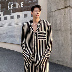 Hearujoy spring summer fashion trend stripe contrast color satin shoulder pad shirt men's suit straight wide leg pants two-piece set