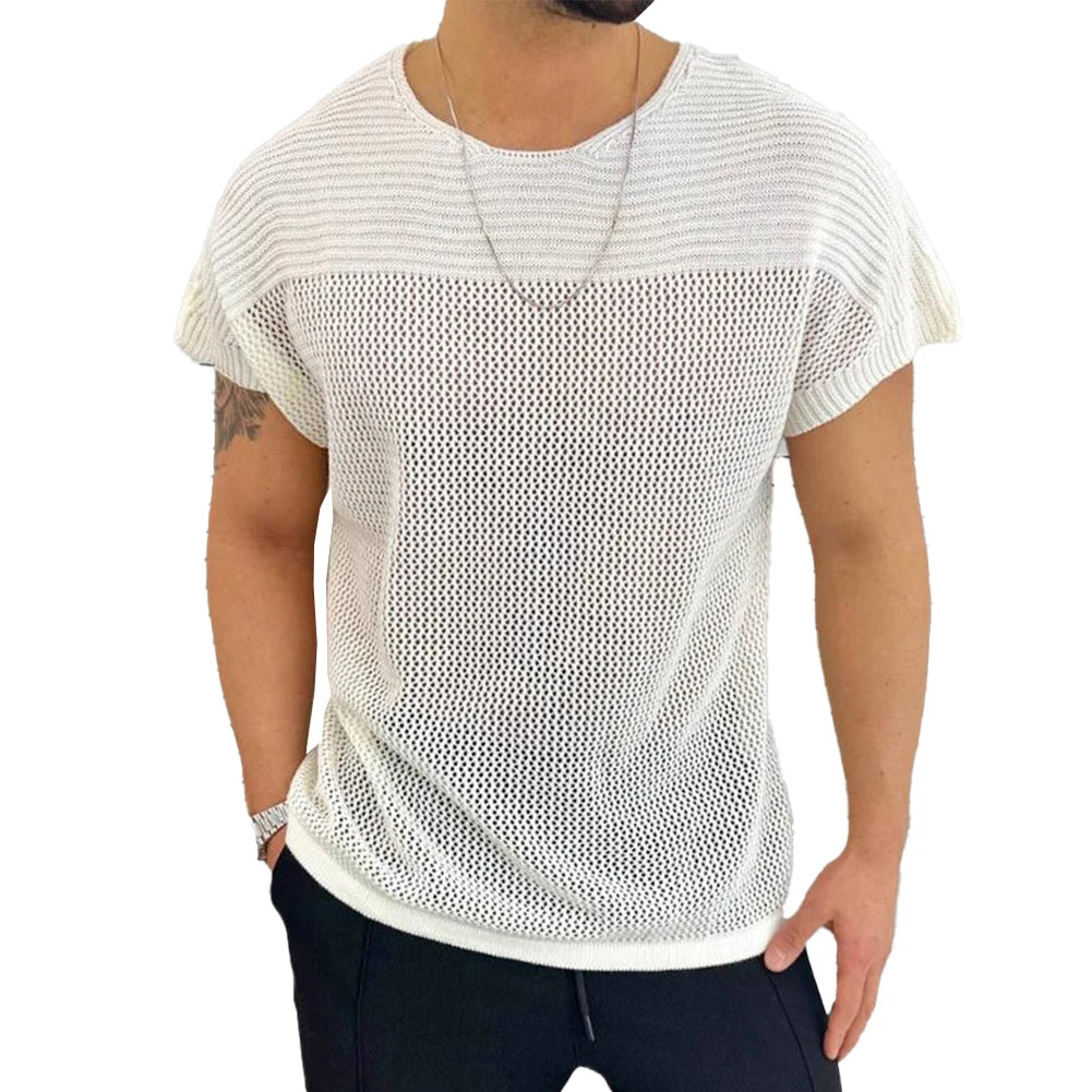 HEARUJOY  -  Comfort Men Top T-shirts O Neck Hollow Out Knitted Knitting Loose Regular Short Sleeve Solid Sports Stylish Summer