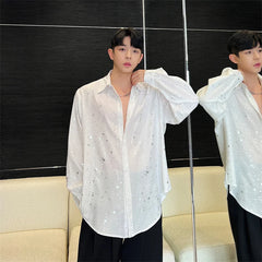 Hearujoy Spring New Male Casual Chiffon Shirts Men's Lapel Niche Desgin Shirt Long Sleeve Shirt Male Stage Show Dress Shirt